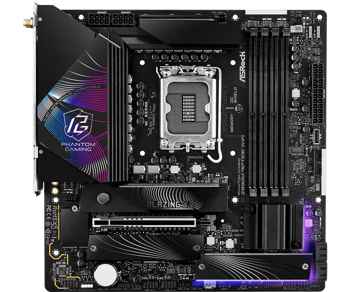 ASRock PHANTOM GAMING Z890M Riptide WiFi LGA1851 Socket Gaming Motherboard - Vektra Computers LLC ASRock PHANTOM GAMING Z890M Riptide WiFi LGA1851 Socket Gaming Motherboard - Vektra Computers LLC